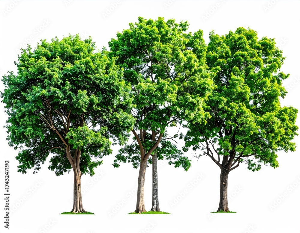 Fototapeta premium Three leafy trees stand against a stark white background
