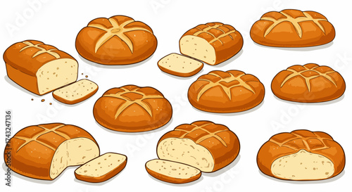Baked bread loaves and slices with crumb texture
