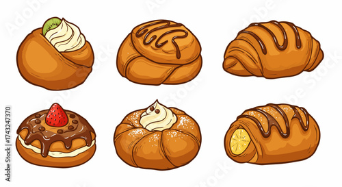 Assorted pastries with cream and chocolate toppings