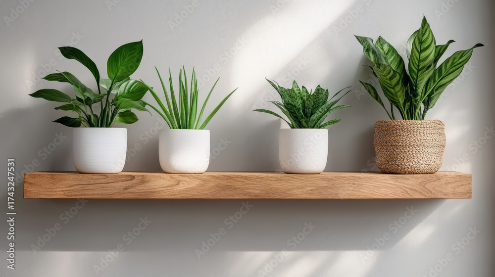 Obraz premium Indoor plants wooden shelf vibrant greenery modern decor home interior