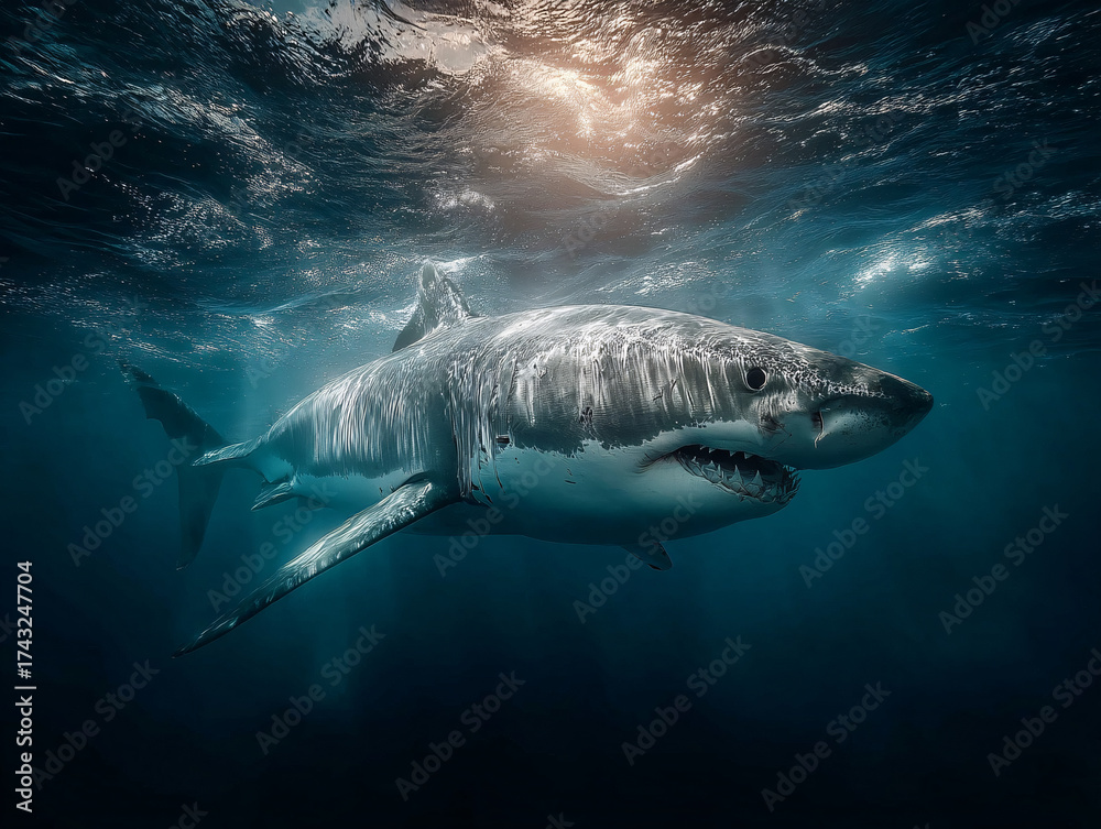 Fototapeta premium large shark swimming underwater, with its body illuminated by light filtering through the water. The setting appears to be deep in the ocean, with dark blue hues dominating the background.