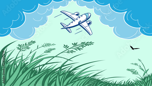 Whimsical biplane flying over lush green field with fluffy clouds and blue sky