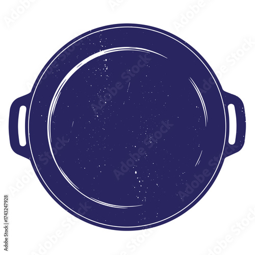 Vintage blue round dish illustration featuring two handles with minimalist design and grunge texture