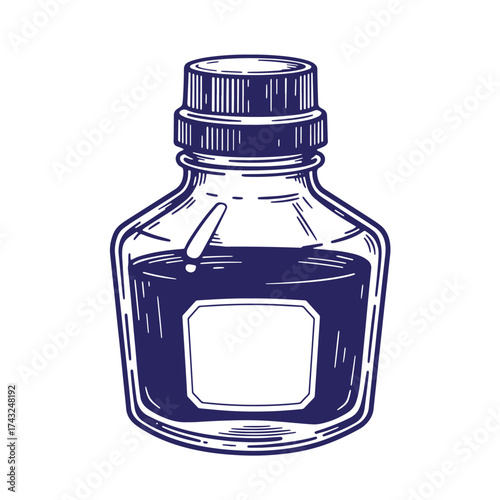 Vintage dark blue ink bottle illustration with a decorative label and white background