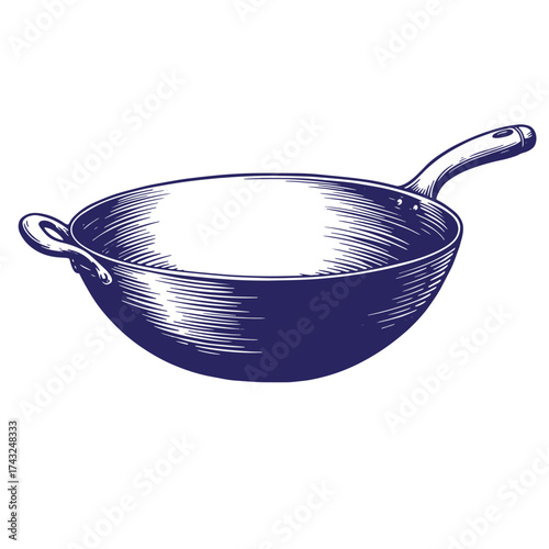 Vintage engraved illustration of a deep wok pan with two handles and detailed cross hatching