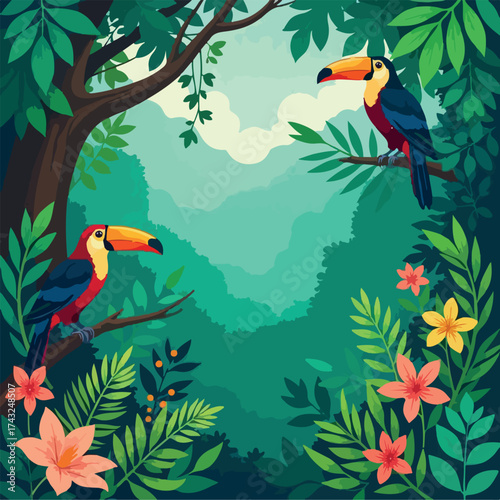 bird, parrot, tropical, nature, animal, toucan, tree, cartoon, illustration, branch, jungle, vector, birds, macaw, exotic, wildlife, summer, colorful, flower