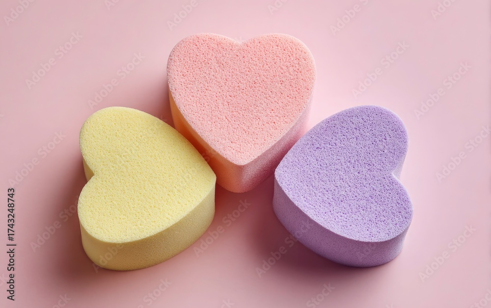 Obraz premium Colorful heart shaped cosmetic sponges on a pastel pink background
