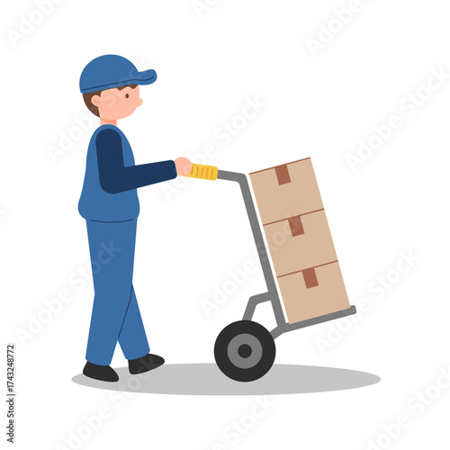 Warehouse worker pushing hand truck with cardboard boxes, delivery man illustration for logistics, shipping and courier service