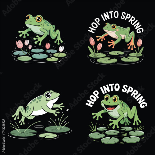 Green frogs on lily pads with pink flowers amphibian