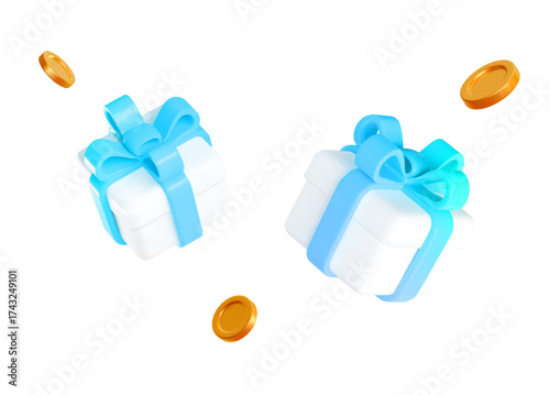 3d white gift box with blue ribbon and flying gold coins. Stock vector illustration on isolated background.