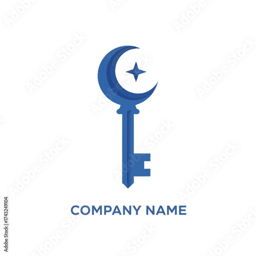 Blue crescent moon and star key logo design.