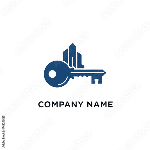 Blue Key and City Skyline Logo Design.