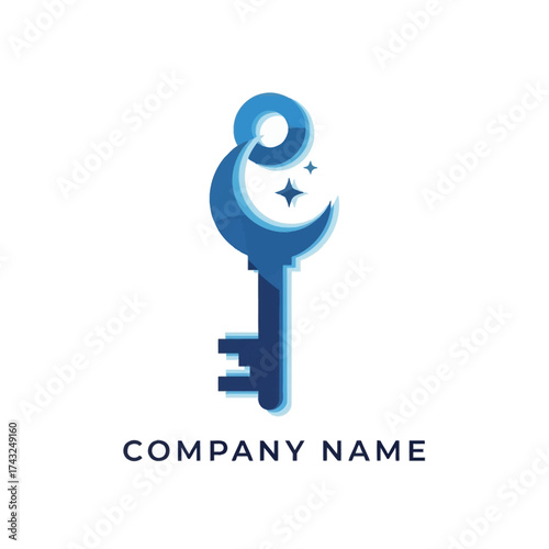 Blue key with crescent moon and star design.
