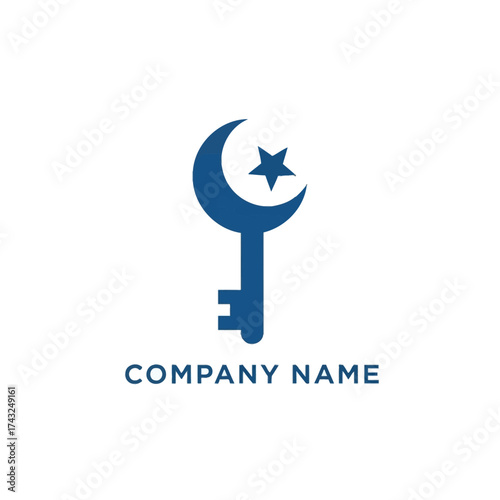 Blue key with crescent moon and star logo design.