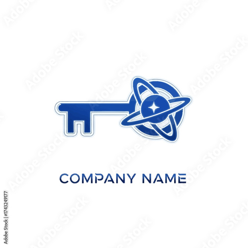Blue Key with Orbiting Rings and Star Logo Design.