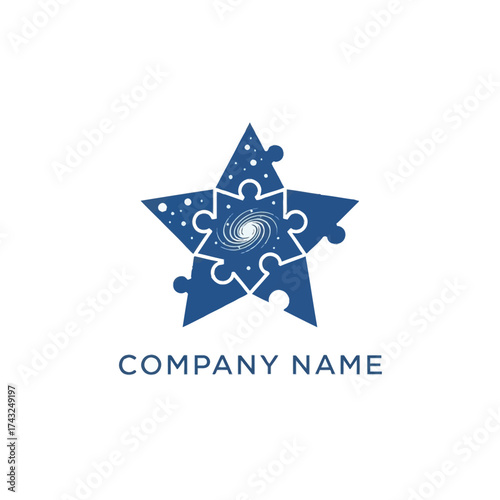 Blue star puzzle with swirling galaxy core and cosmic elements.