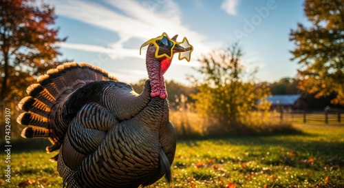 Fototapeta Naklejka Na Ścianę i Meble -  A whimsical scene featuring a turkey wearing star-shaped sunglasses in autumn landscape capturing