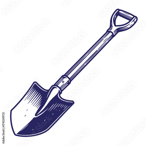 Vintage hand drawn illustration of a classic gardening shovel on white background