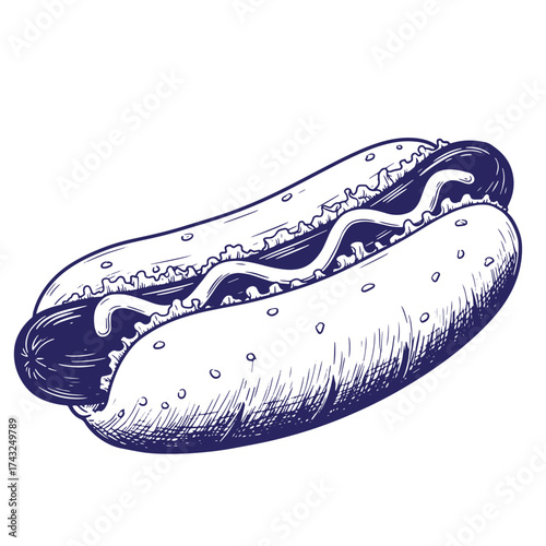 Vintage hand drawn illustration of a classic american hot dog with mustard and bun