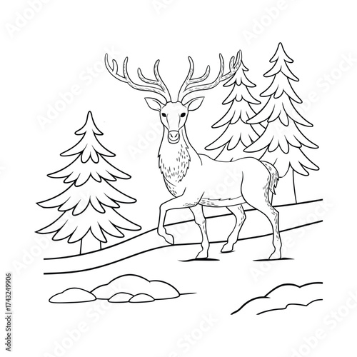 Reindeer in Snowy Forest Christmas Coloring Page.