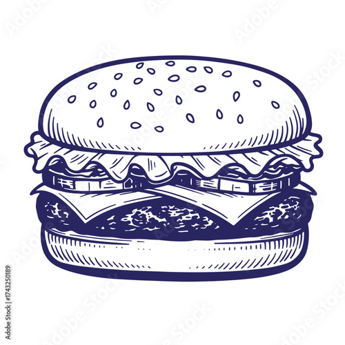 Vintage hand drawn illustration of a classic gourmet cheeseburger on a white background