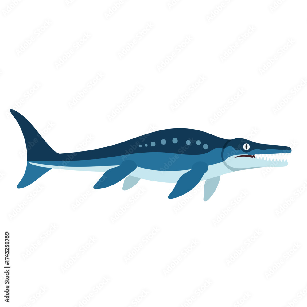 Fototapeta premium Cartoon Plesiosaur with Sharp Teeth and Blue Gradient Body