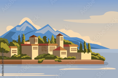 Old town house. Italian Lakefront Villa. Greek island. European house beach. Lake Como villa house. 