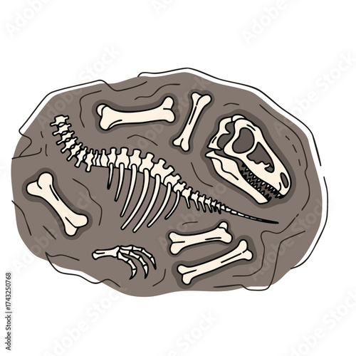 Cartoon Dinosaur Fossil Embedded in Rock Matrix with Visible Skull and Ribcage