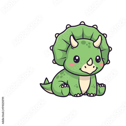 Adorable Green Cartoon Triceratops with Smiling Face and Horns, Sitting Down.