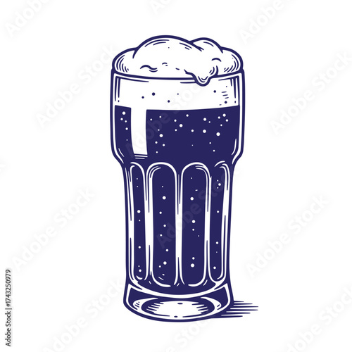 Vintage hand drawn illustration of a frothy pint of beer in a tall glass