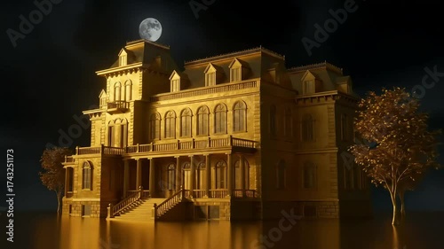 Golden mansion in still water at night