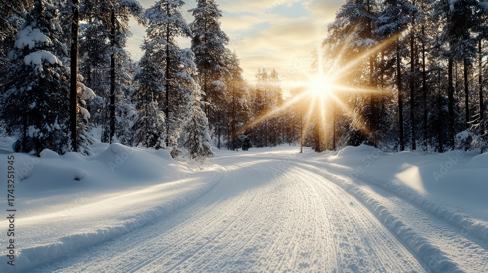 Obraz premium Snowy landscape, winter forest, sunlight shining through trees, serene atmosphere
