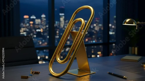Golden paperclip sculpture on modern office desk at night