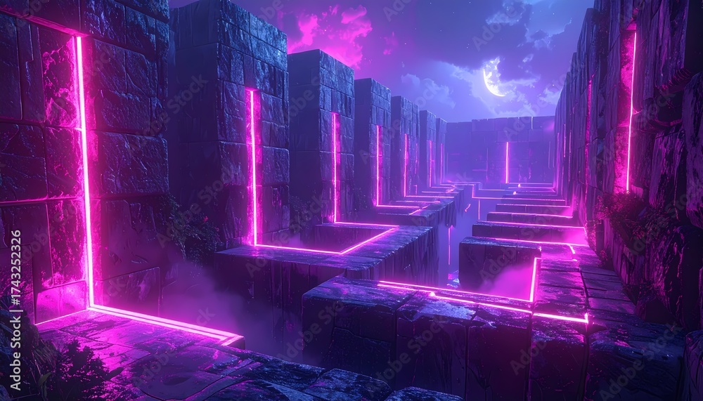 Obraz premium Mysterious Neon-Lit Labyrinth Under a Crescent Moon.