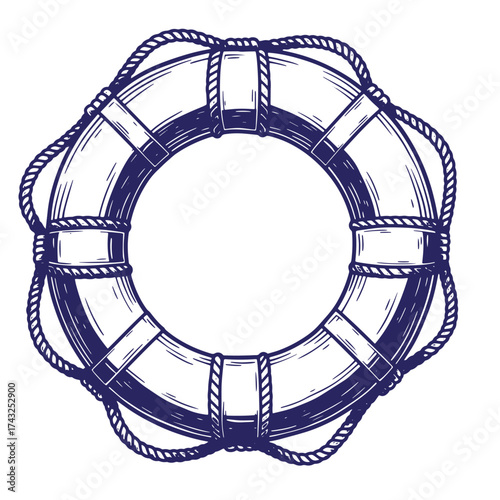 Vintage hand drawn nautical lifesaver graphic illustrating safety and seaside adventures