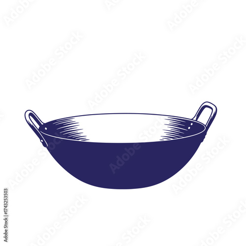 Vintage illustration of a deep wok with handles for culinary cooking and food preparation