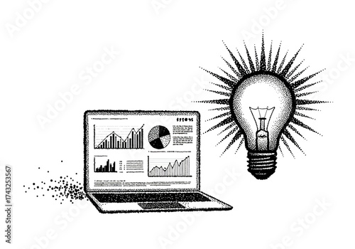 Dot matrix image Laptop with charts  lightbulb radiating both in black  white