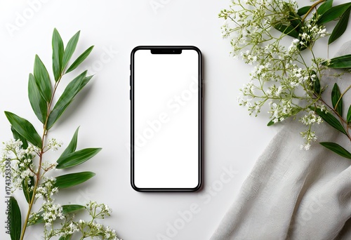 Smartphone with Blank Screen and Floral Arrangement on White Background