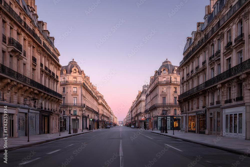 Fototapeta premium Ultra Detailed Minimalist Capture of a Deserted Street at Dawn in Paris's Architectural Splendor