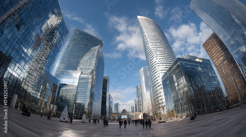 Fototapeta Naklejka Na Ścianę i Meble -  Ultra-Detailed Wide-Angle View of Modern Architecture in La Defense, Paris with Stunning Sky Reflections