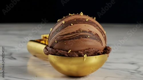 Golden scoop of dark chocolate swirled ice cream