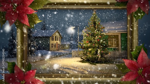 Christmas Night Snow Scene with Golden Frame - Holiday Decoration Design Material