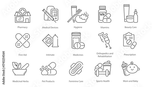 Pharmacy line icon set. Drug store, medical devices, hygiene products, vitamin bottle, beauty cosmetics, first aid bandage minimal vector illustration.  Editable Stroke.