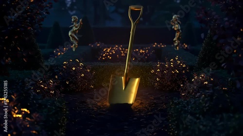 Golden shovel in cemetery at night