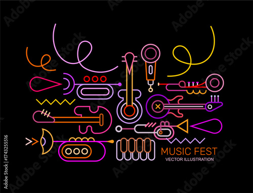 Neon colors isolated on a black background Musical Instruments Line Art Design vector illustration. 