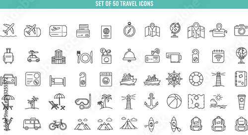 Set of fifty travel icons, depicting various elements associated with tourism and vacation.