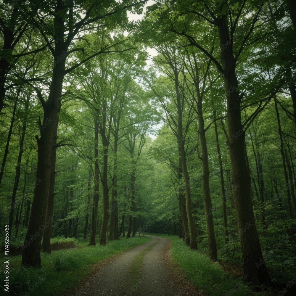 Fototapeta premium A Tranquil Forest Path Winding Through Lush Green Trees and Verdant Foliage