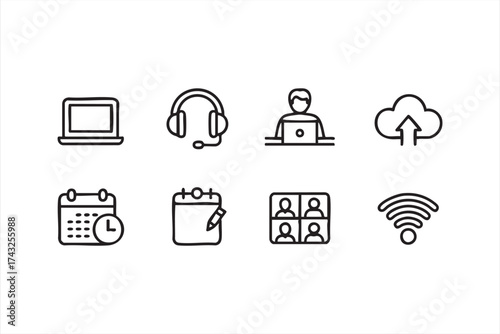 Work from home and virtual meeting icon set for digital workspace concept