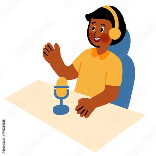 Someone is speaking on a podcast show. A person is recording a podcast at a table with headphones and a microphone