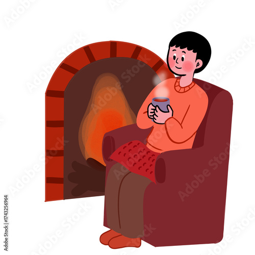 Enjoying a cup of warm tea in front of the fireplace while it's snowing outside. Enjoying a cup of hot tea on a snowy day.